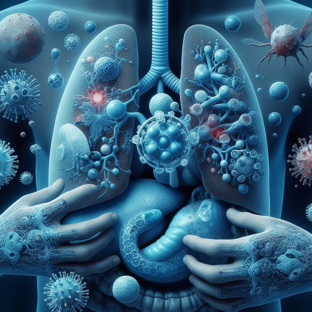 Ilustración en tonos azules de las vías respiratorias y las células del sistema inmunológico