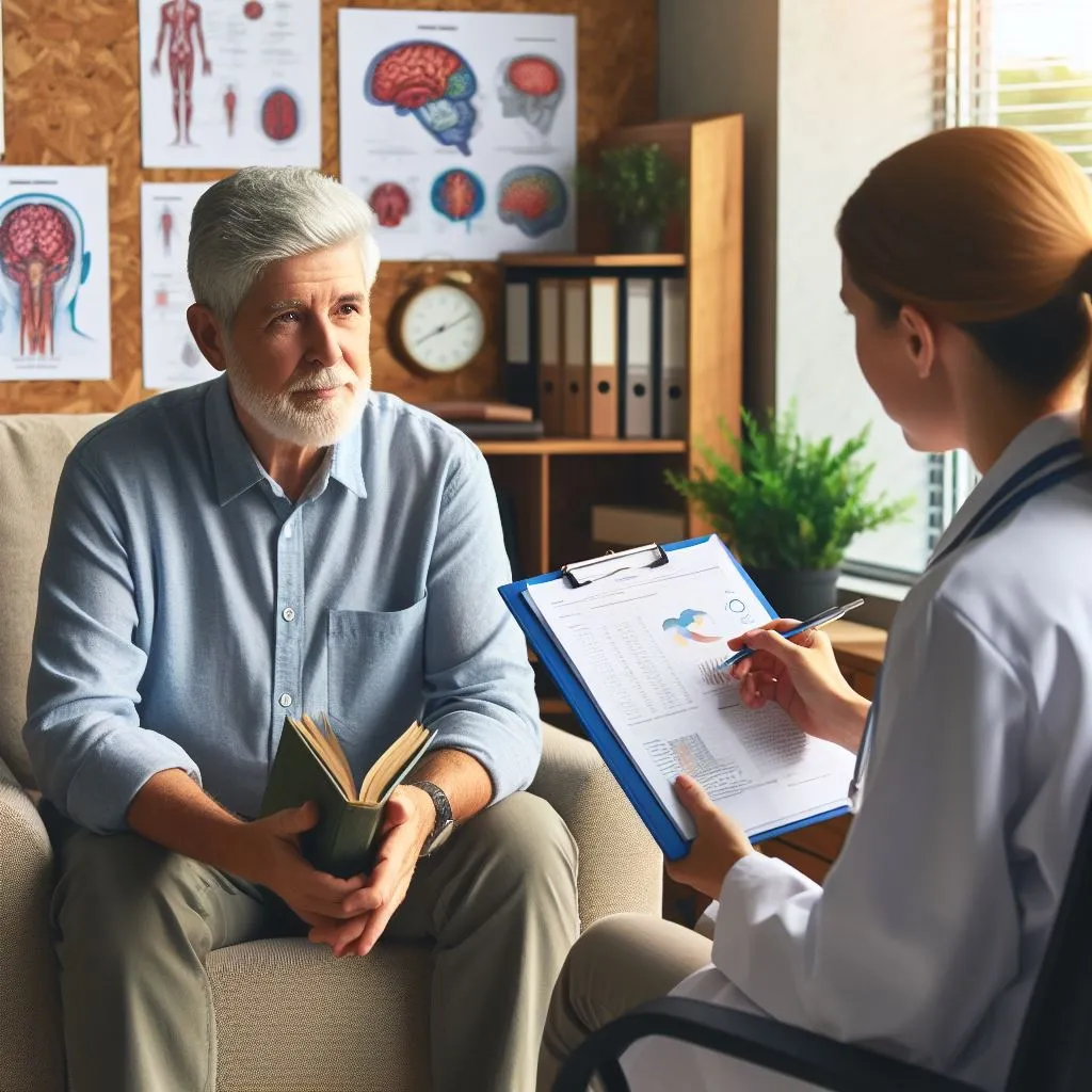 Profesional aplica una prueba neuropsicológica a un paciente adulto mayor en consultorio