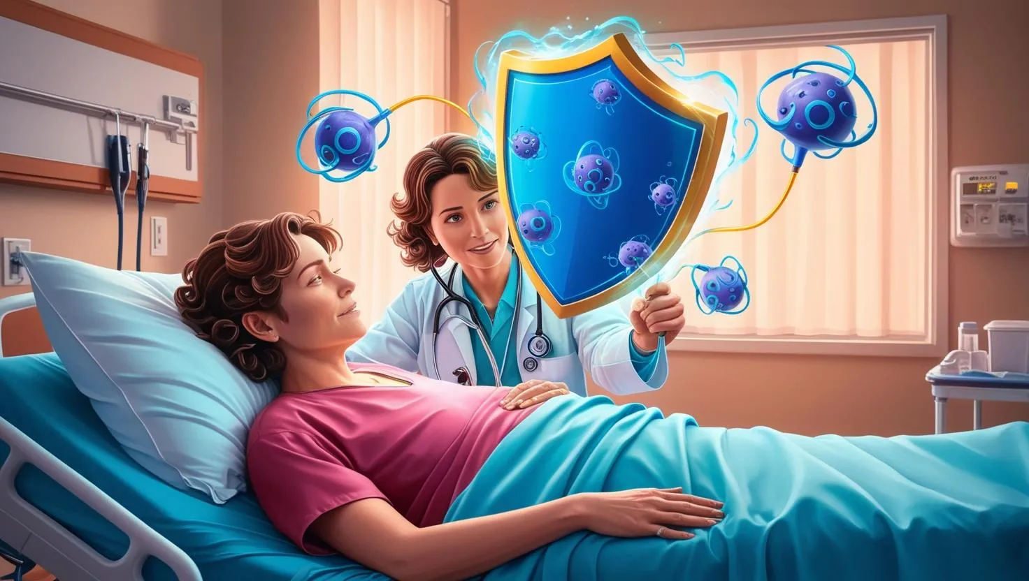 Médica junto a una paciente hospitalizada sostiene un escudo que detiene virus