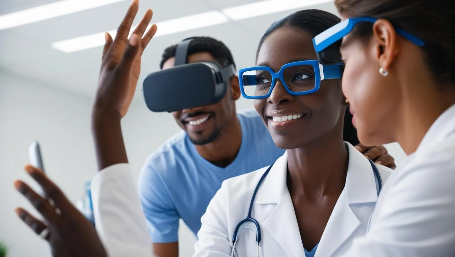 Equipo clínico acompaña a una persona que usa gafas de realidad virtual en una sesión de neuropsicología