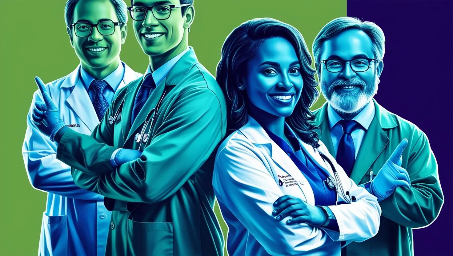 Grupo de profesionales de la salud en una composición corporativa en tonos verde y azul