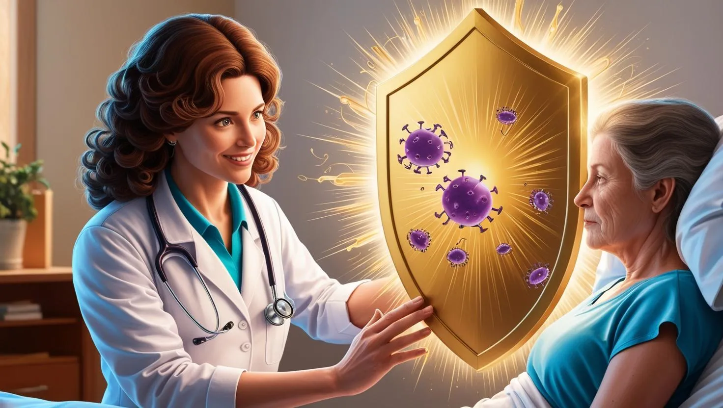Ilustración de una médica que protege a una paciente con un escudo que bloquea virus